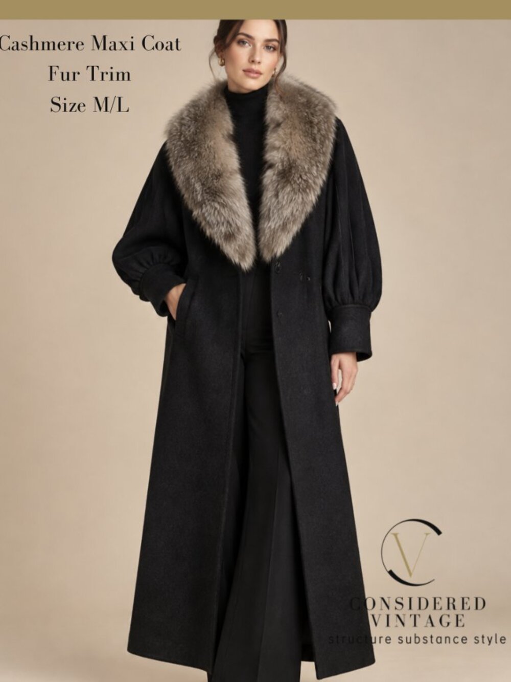 ✨Vtg 70s Cashmere Wool Maxi Coat Real Silver Fox Fur Trim Oversized M L✨